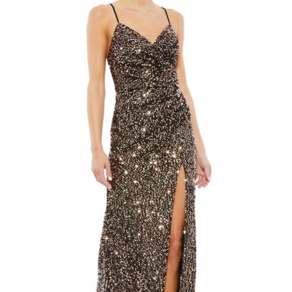 Mac Duggal Bronze Black Sequin Gathered Waist Gown - Picture 1 of 4